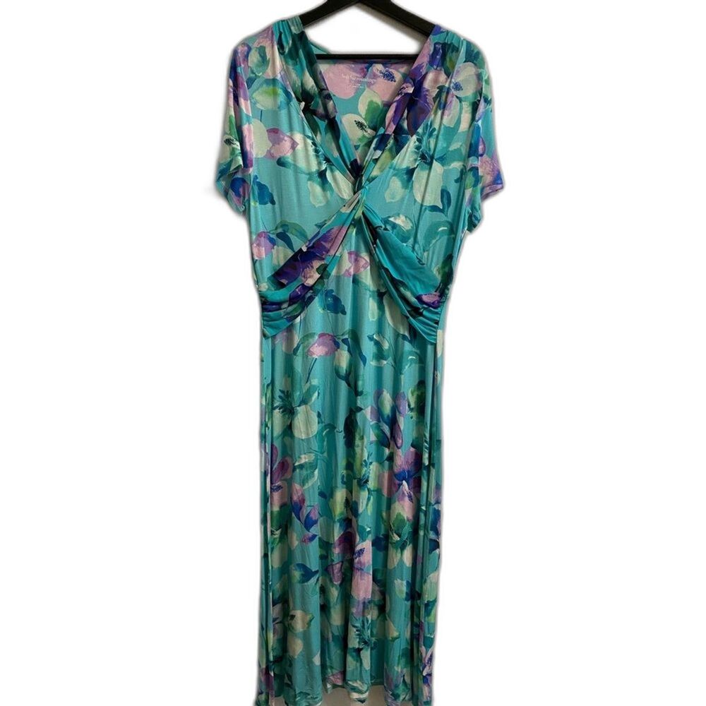 Soft Surroundings Flowy Jersey Knit Shirt Sleeve Pastel Floral Maxi Long Dress L